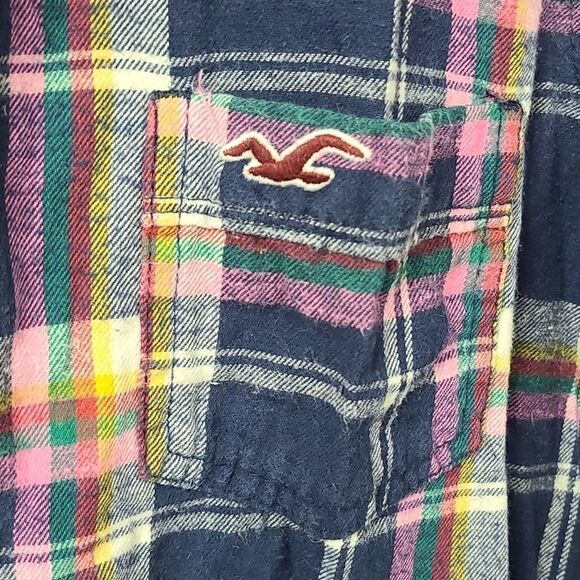 Hollister Blue Plaid Soft Flannel Roll up Long Sleeve Shirt Button Down Medium - Picture 5 of 10